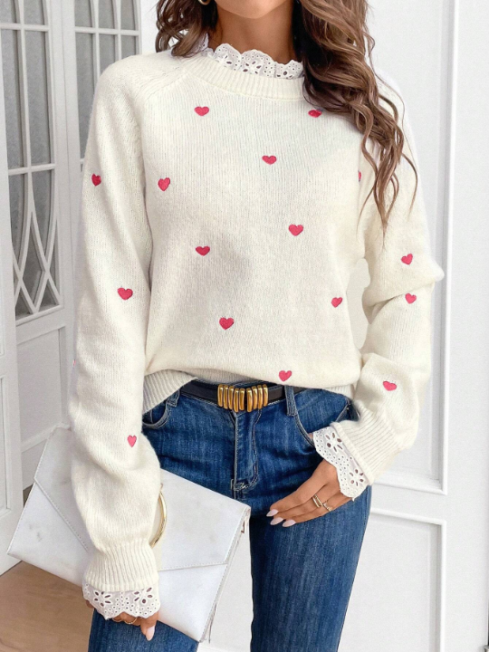 Frenchy Women's Heart Pattern Raglan Long Sleeve Sweater