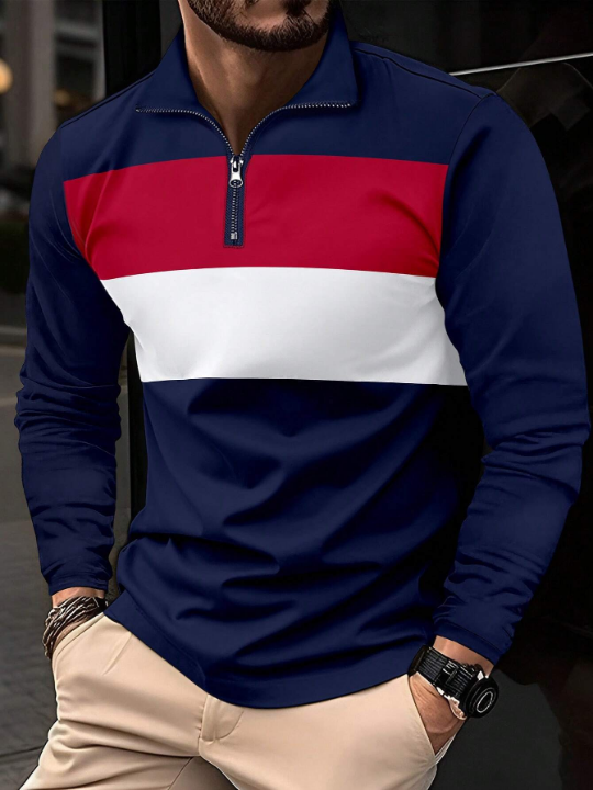 Manfinity Homme Men's Color Block Long Sleeve Polo Shirt