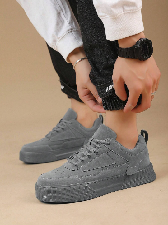 Men's Solid Color Grey Lace-up Front Sports Skate Shoes, Minimalist Style Round Toe Thick Bottom Height Increasing Athletic Shoes