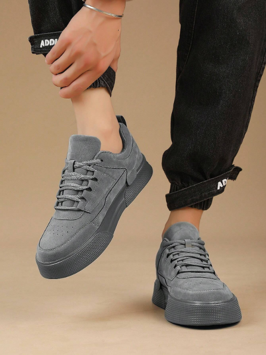 Men's Solid Color Grey Lace-up Front Sports Skate Shoes, Minimalist Style Round Toe Thick Bottom Height Increasing Athletic Shoes