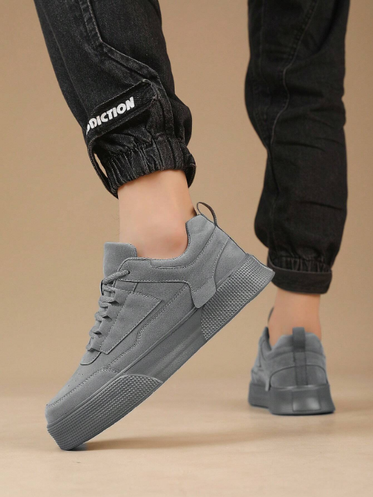 Men's Solid Color Grey Lace-up Front Sports Skate Shoes, Minimalist Style Round Toe Thick Bottom Height Increasing Athletic Shoes