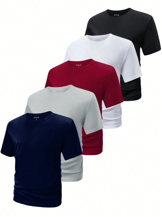 5pcs/Set Men's Solid Color Short Sleeve T-Shirt