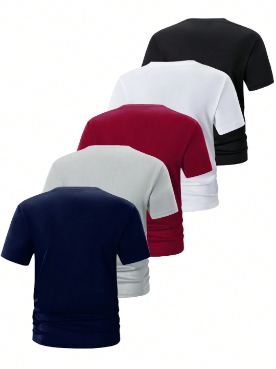 5pcs/Set Men's Solid Color Short Sleeve T-Shirt