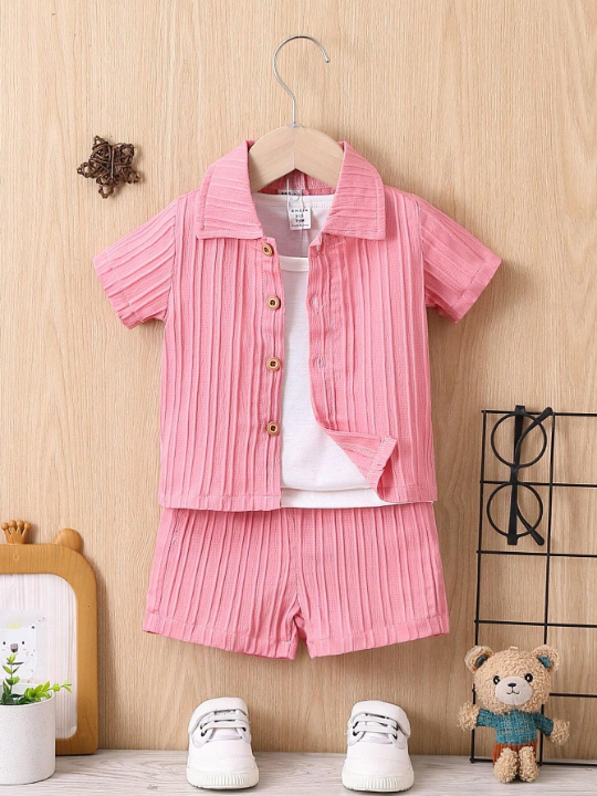 Baby Boy Solid Color Short Sleeve Top And Shorts Set