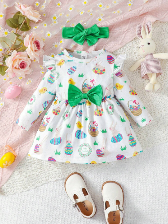 Cartoon Printed Egg Shaped Baby Girl Ruffle Hem Dress