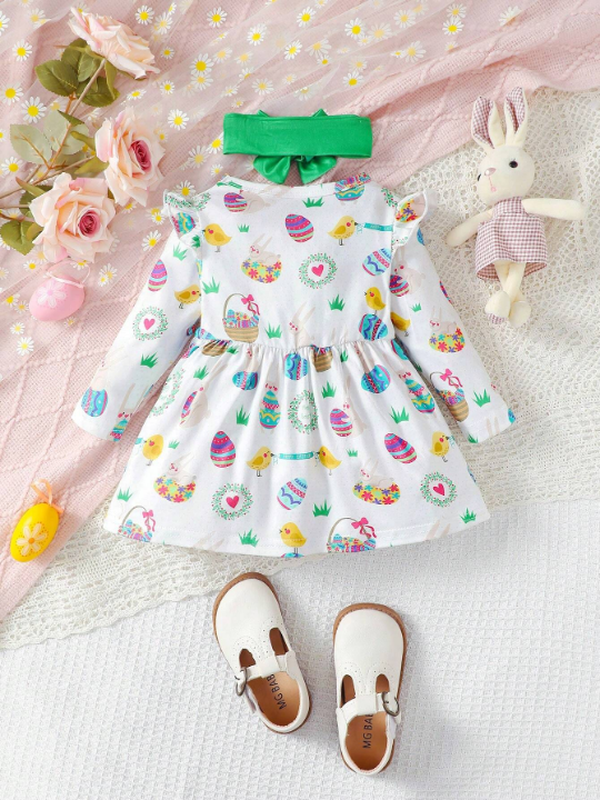 Cartoon Printed Egg Shaped Baby Girl Ruffle Hem Dress