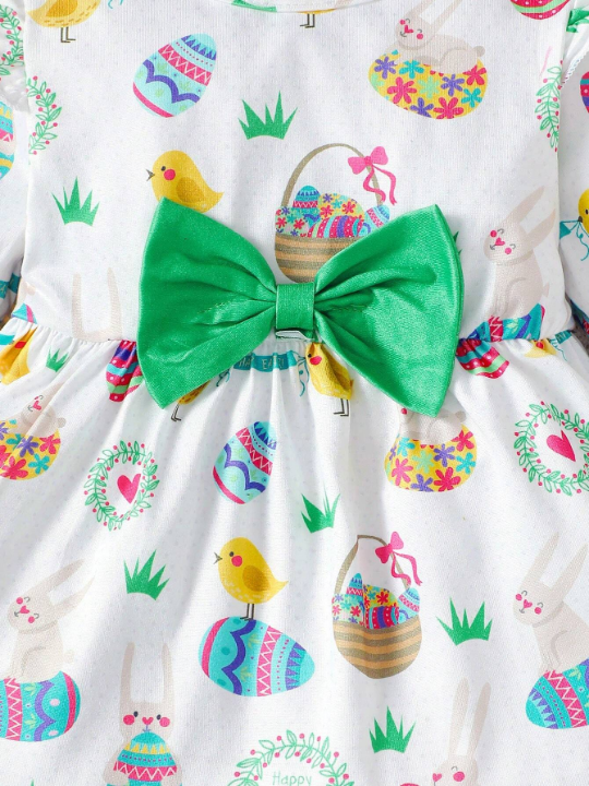 Cartoon Printed Egg Shaped Baby Girl Ruffle Hem Dress