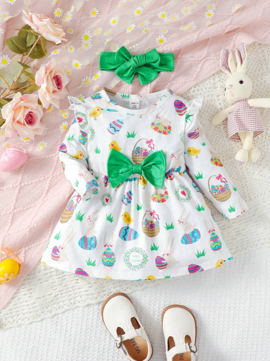 Cartoon Printed Egg Shaped Baby Girl Ruffle Hem Dress