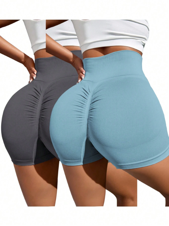 Yoga Basic 2pcs Solid Ruched Sports Shorts Spandex Shorts