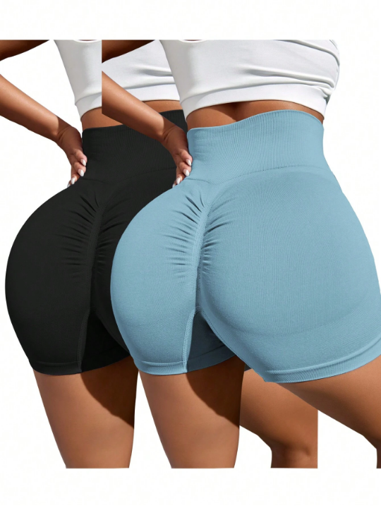 Yoga Basic 2pcs Solid Ruched Sports Shorts