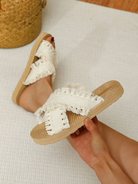 2024 New Design Women's Cross Strappy Flat Sandals In Beige Color With Fringes For Comfortable, Lightweight, Retro And Classic Chic Look In Forest Style For Sweet, Sexy, Enchanting And Charming Appeal. Suitable For A Beach Or Holiday