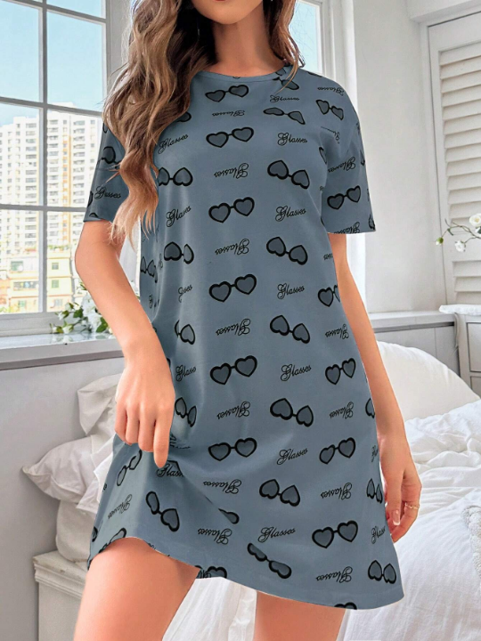 Round Neck Heart Print Sleep Dress