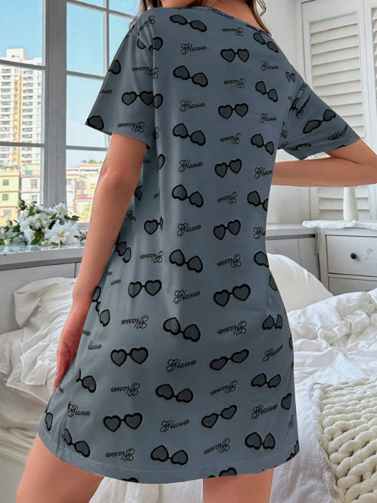 Round Neck Heart Print Sleep Dress