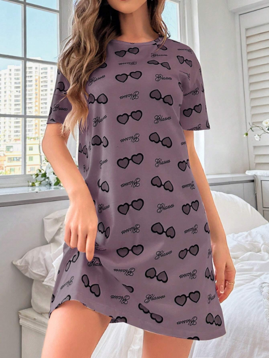 Heart Print Round Neck Sleep Dress