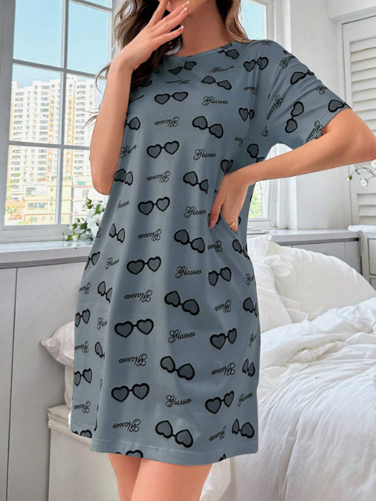 Round Neck Heart Print Sleep Dress