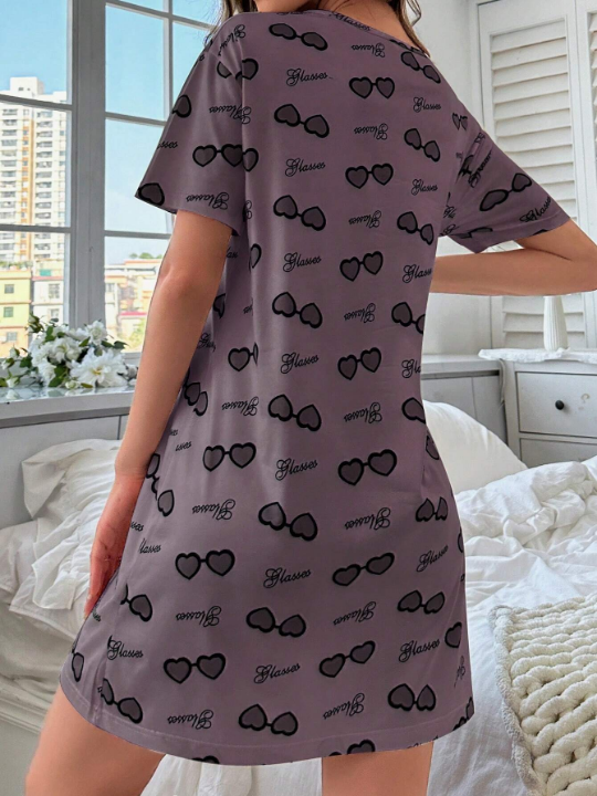 Heart Print Round Neck Sleep Dress