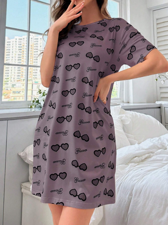 Heart Print Round Neck Sleep Dress