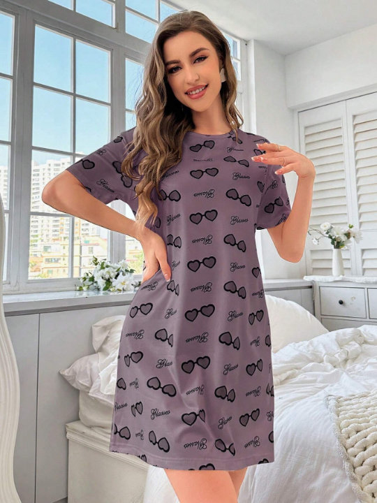 Heart Print Round Neck Sleep Dress