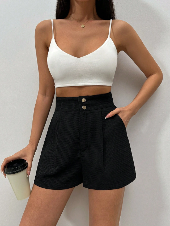 Frenchy Solid Texture Loose Fit Shorts With Slanted Pockets