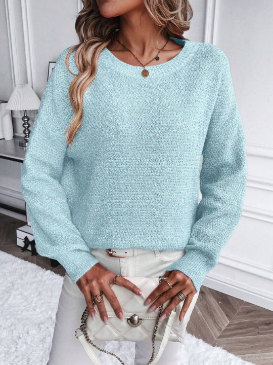 LUNE Solid Color Loose Fit Round Neck Drop Shoulder Sweater