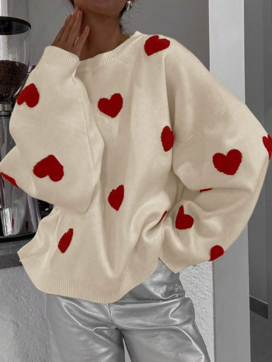 LUNE Women's Long Sleeve Sweater With Heart Pattern