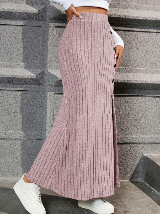 Essnce Women's Solid Color Ribbed Knit Side Slit Midi Skirt