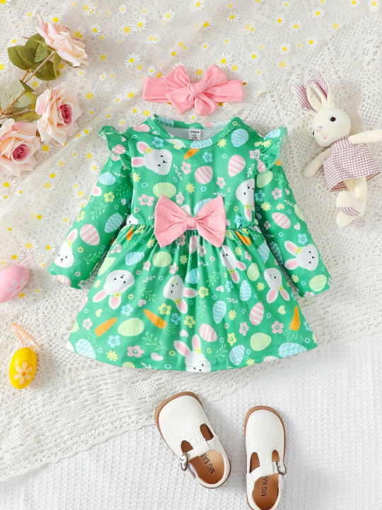 Cartoon Rabbit Printed Dress With Ruffled Hem For Baby Girls