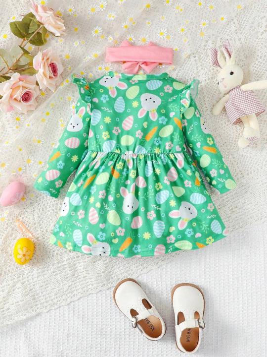 Cartoon Rabbit Printed Dress With Ruffled Hem For Baby Girls