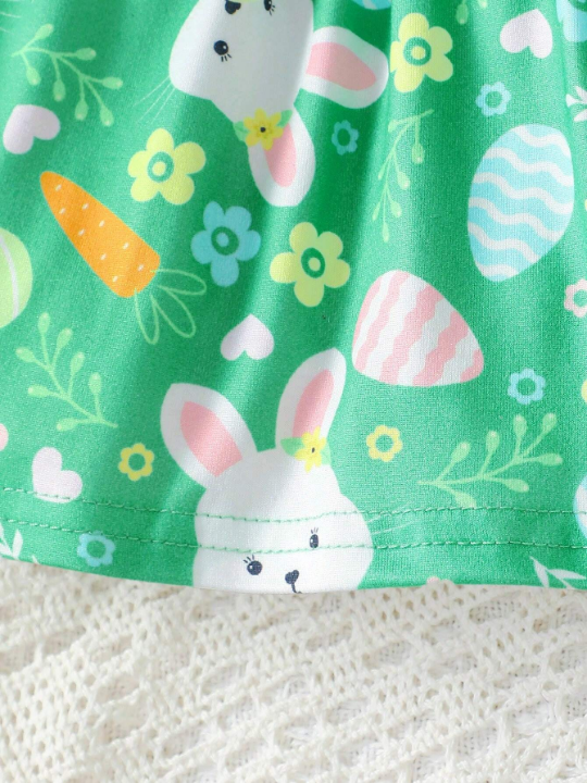 Cartoon Rabbit Printed Dress With Ruffled Hem For Baby Girls