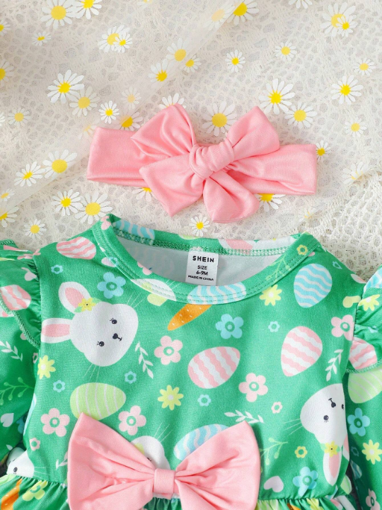 Cartoon Rabbit Printed Dress With Ruffled Hem For Baby Girls