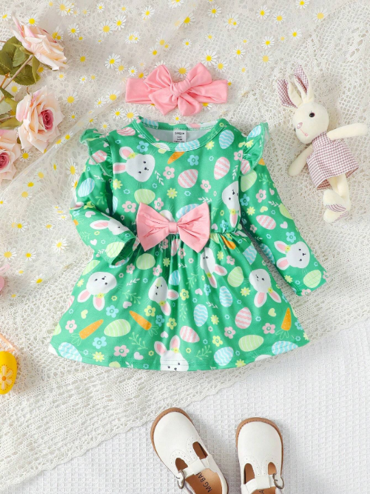 Cartoon Rabbit Printed Dress With Ruffled Hem For Baby Girls