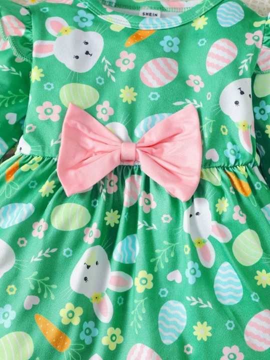 Cartoon Rabbit Printed Dress With Ruffled Hem For Baby Girls