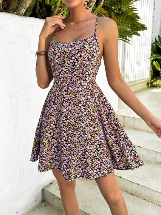 VCAY Sleeveless Floral Print Backless Strappy Dress