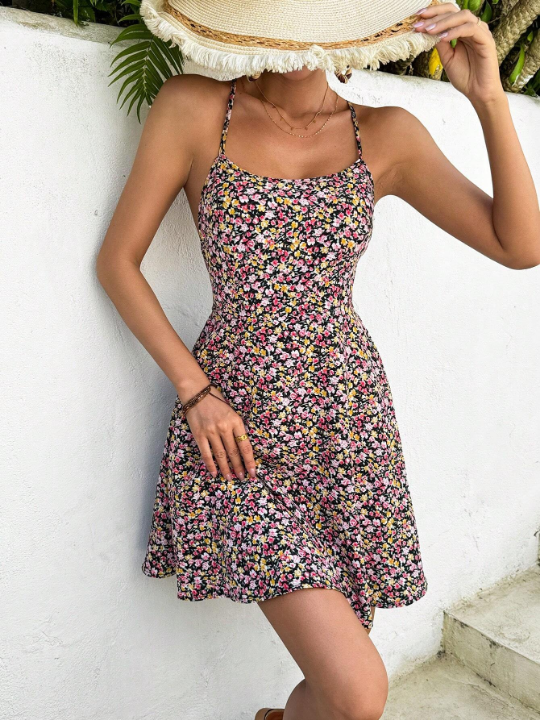 VCAY Sleeveless Floral Print Backless Strappy Dress