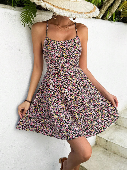 VCAY Sleeveless Floral Print Backless Strappy Dress