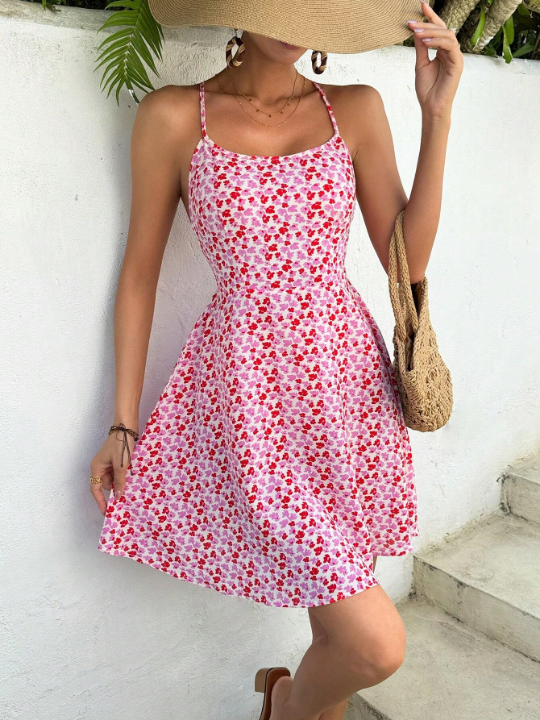 VCAY Sleeveless Floral Print Backless Dress With Tie Straps