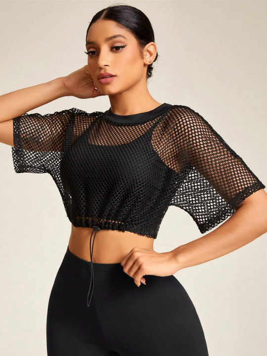 Daily&Casual Drawstring Hem Cropped Fishnet Sports Sweatshirt