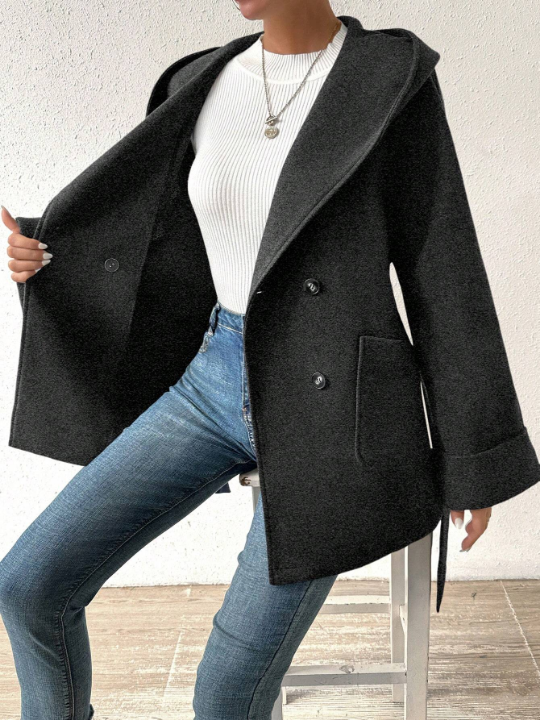 Essnce Double-Breasted Hooded Woolen Coat