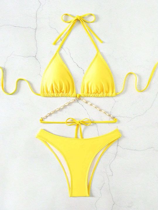 Triangle Bikini Swimsuit Set With Shell Decorations