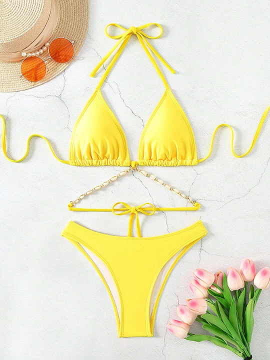 Triangle Bikini Swimsuit Set With Shell Decorations