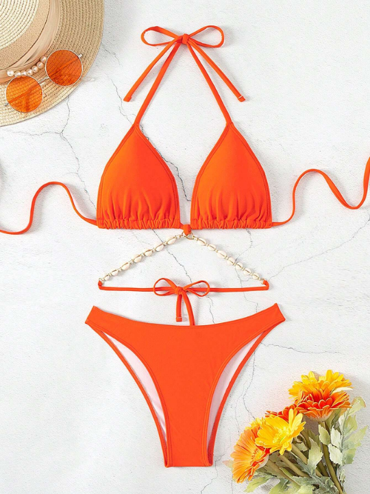 Triangle Bikini Swimsuit Set With Shell Decoration