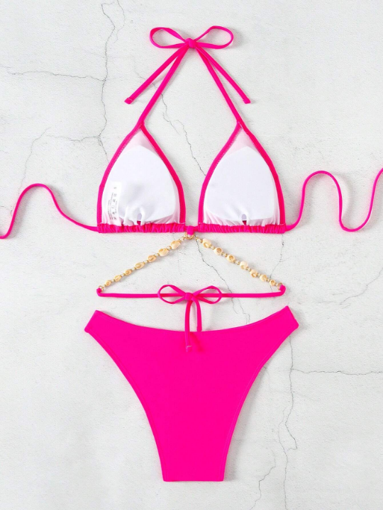 Triangle Bikini Swimwear Set With Shell Decoration