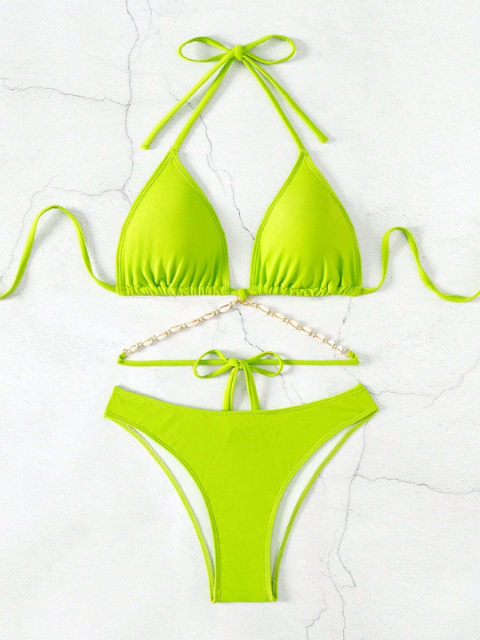 Shell Decorated Halter Neck Triangle Bikini Set