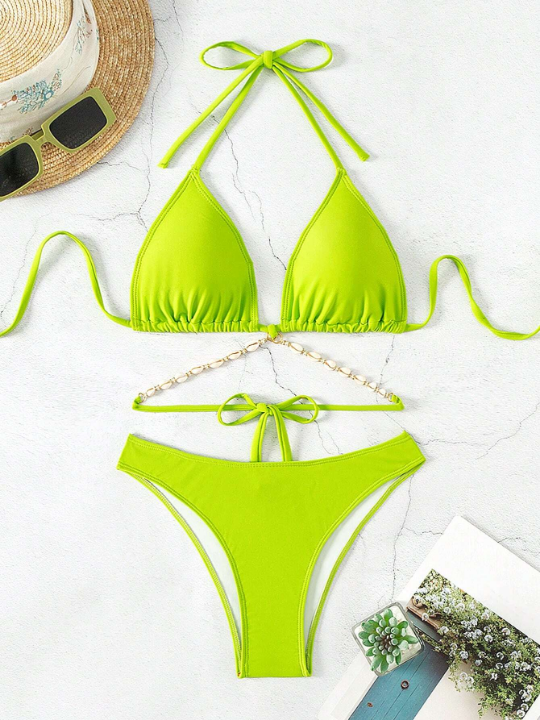 Shell Decorated Halter Neck Triangle Bikini Set