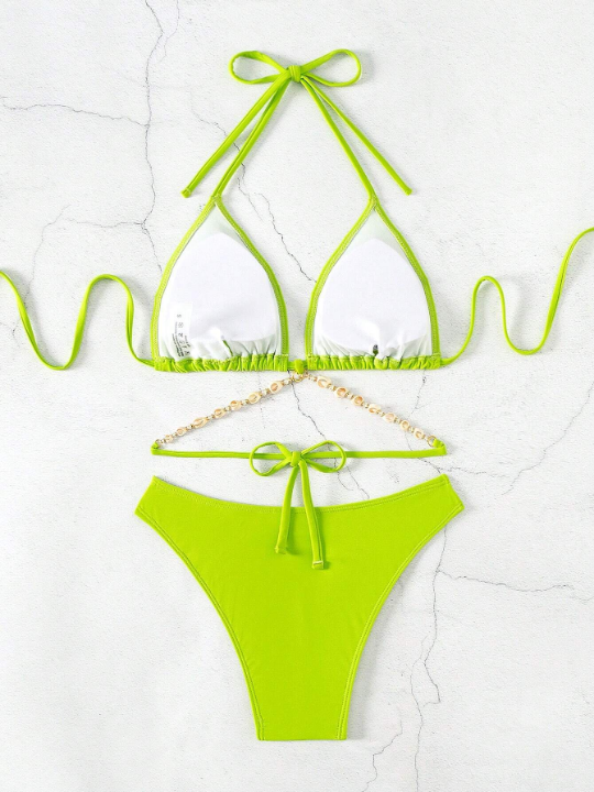 Shell Decorated Halter Neck Triangle Bikini Set