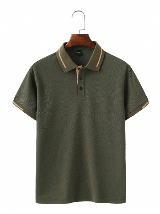 Men's Contrast Color Short Sleeve Polo Shirt With Decorative Details