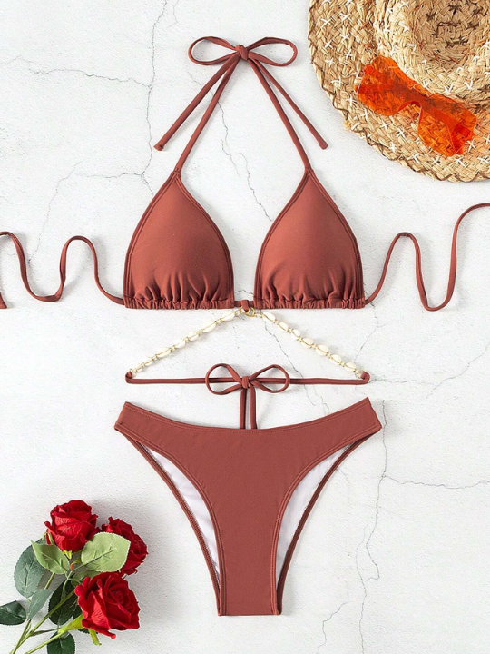 Ladies' Solid Color Halter Strap Shell Embellished Triangle Bikini Swimsuit Set