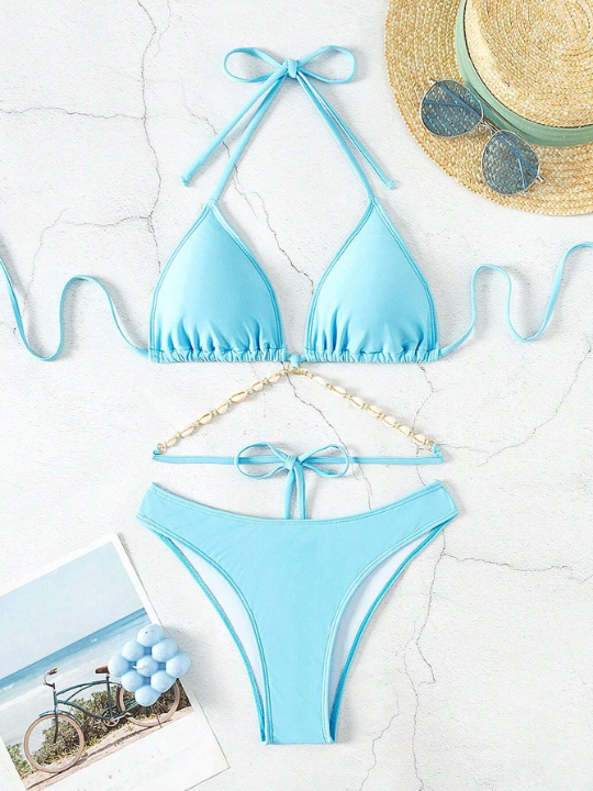 Shell Decorated Halter Triangle Bikini Set With Neck Tie