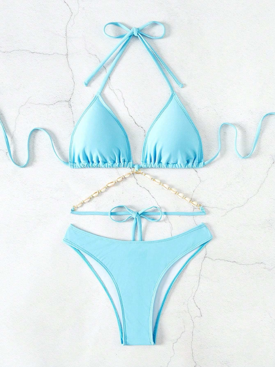 Shell Decorated Halter Triangle Bikini Set With Neck Tie