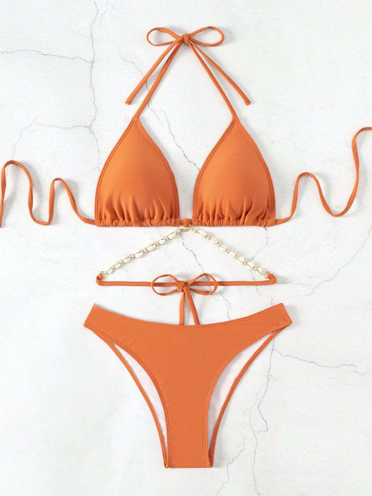 Solid Color Halter Neck Strap Bikini Swimsuit Set With Shell Embellished Triangle Top, Tie Back Swimwear Bathing Suit Beach Outfit Summer Vacation